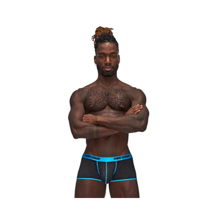 Male model wearing black and blue Casanova Uplift Mini Shorts with blue waistband and trim on white background.