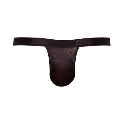 Black men's micro V thong with subtle glossy cobra snakeskin pattern and branded waistband.