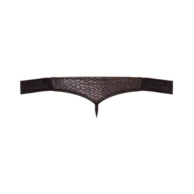 Black men's micro V thong with glossy cobra snakeskin pattern and branded elastic waistband in small to medium size.