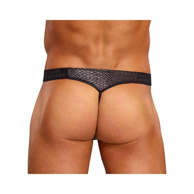 Rear view of a male model wearing a black cobra snakeskin patterned micro V thong with a branded waistband.