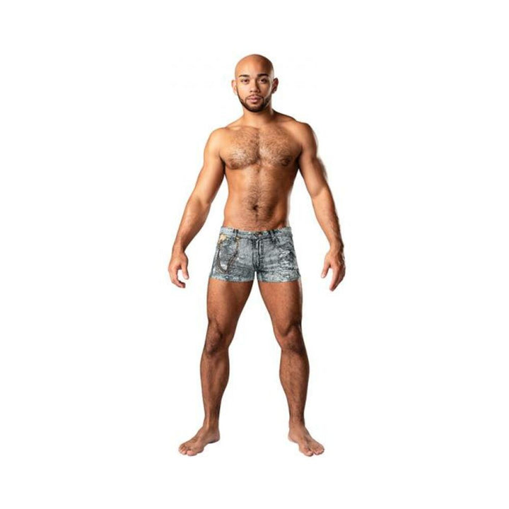 Male model wearing Male Power Dirty Denim Pouch Short with realistic denim print and chain detail on white background.