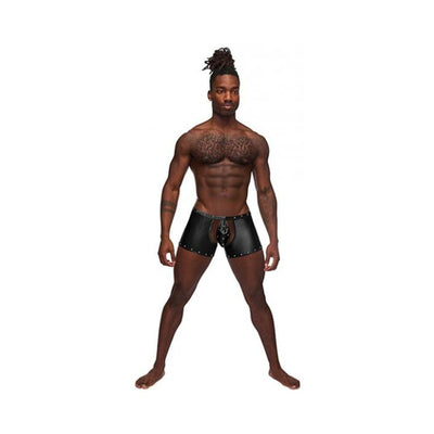 Male model wearing black nylon spandex tear-off cup thong shorts with studded detailing and lace-up front.