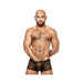 Male model wearing black sheer mesh mini shorts with a miniature heart pattern and contoured pouch.