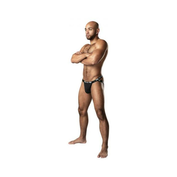 Athletic man wearing black Male Power Infinite Comfort Amplifying Strappy Jock with crisscross waistband and leg straps.