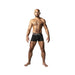 Man wearing black Male Power Infinite Comfort amplifying strappy pouch shorts with dual elastic waistbands on white background.