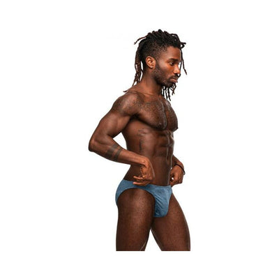 Athletic man wearing blue Male Power Inter-mingle Moonshine jock brief with low-cut waist and contour pouch, side view.