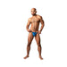 Muscular man wearing sky blue Male Power Kaleidickscope posing strap g-string with iridescent swirl pattern.