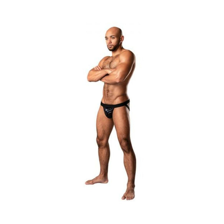 Male model wearing Male Power Kaleidickscope black strappy ring jock with metallic swirl fabric and Y-shaped t-back design.