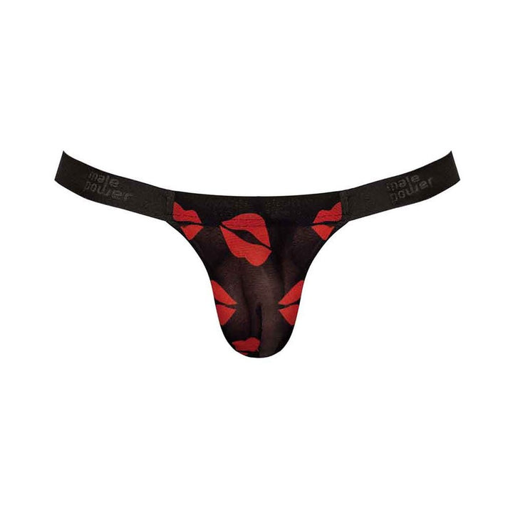 Black sheer micro thong with red lips print and branded waistband for men.