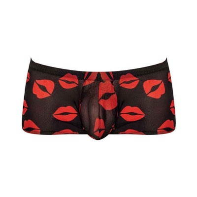 Black sheer men's mini shorts with bold red lips pattern, designed for a snug and stylish fit in size large.