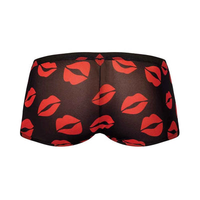 Sheer black mini shorts with bold red lips pattern, designed for a comfortable and stylish fit in size large.
