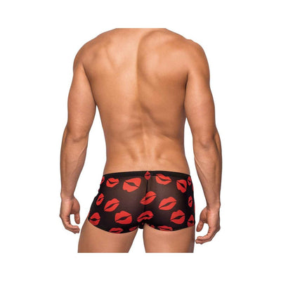 Back view of a man wearing sheer black mini shorts with a red lips pattern, size large.