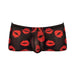 Black sheer mesh men's mini shorts with bold red lips print, designed for a snug and flattering fit in XL size.