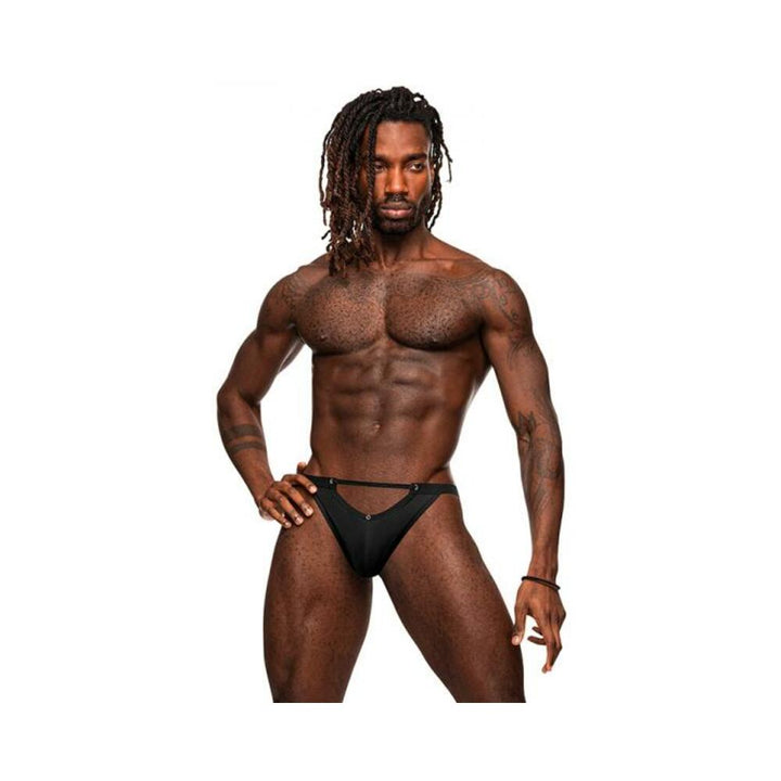 Athletic male model wearing black Male Power Magnificence jock with metal grommet details and plush elastic waistband.