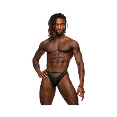 Athletic male model wearing black Male Power Magnificence jock with metal grommet details and plush elastic waistband.
