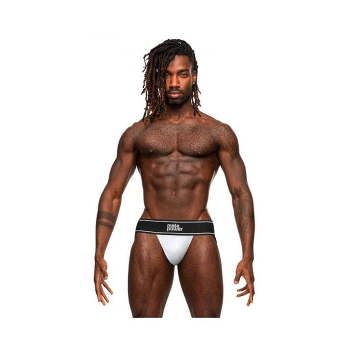Muscular male model wearing white Male Power Modal Rib Jock with black branded waistband on white background.