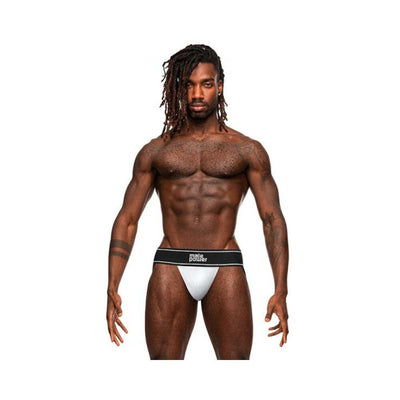 Muscular male model wearing white Male Power Modal Rib Jock with black branded waistband on white background.