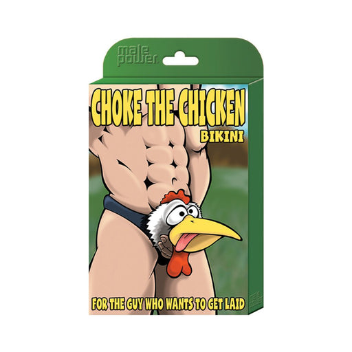 Packaging of Choke the Chicken Bikini featuring cartoon muscular torso wearing black bikini with a humorous chicken face design.