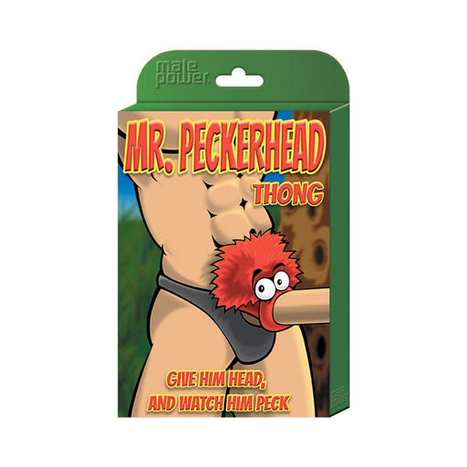 Packaging of Male Power novelty Mr. Peckerhead black thong with playful cartoon design and humorous text.
