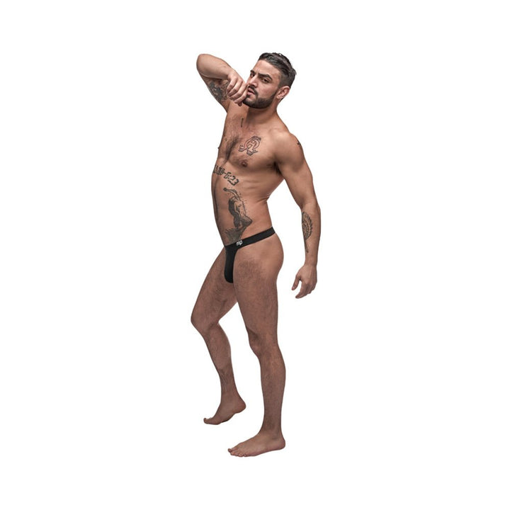 Male model wearing black Male Power Pure Comfort Modal Bong Thong with branded waistband and contoured fit on white background.