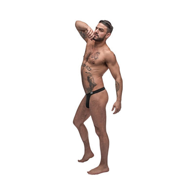 Male model wearing black Male Power Pure Comfort Modal Bong Thong with branded waistband and contoured fit on white background.