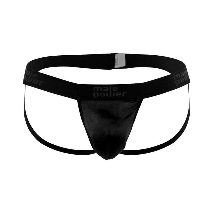 Black satin lycra jock strap with elastic waistband and leg straps, featuring Male Power branding.