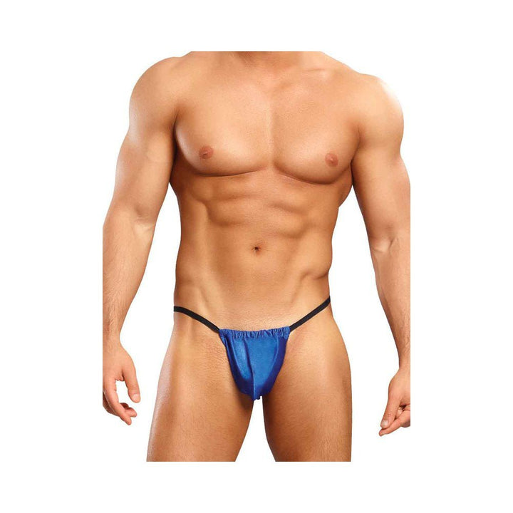 Male model wearing a royal blue satin lycra posing strap with black elastic waistband on a white background.