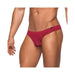 Male model wearing seamless sleek wine-colored thong with sheer pouch and low-rise waistband.