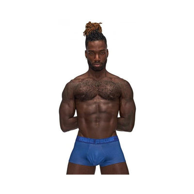 Athletic man wearing blue Male Power Sexagon Mini Shorts with hexagon pattern and branded waistband.