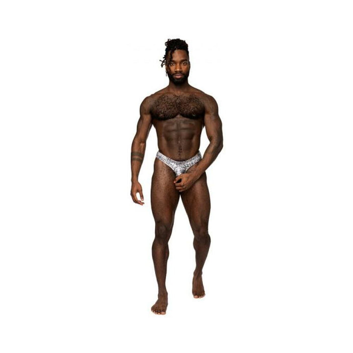 Male model wearing Male Power S'naked Power Sock in silver and black with a metallic finish and supportive pouch design.
