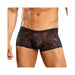 Male model wearing black stretch lace mini shorts with floral pattern and low-rise waist.