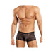 Male torso wearing black stretch lace mini shorts with floral pattern on a white background.