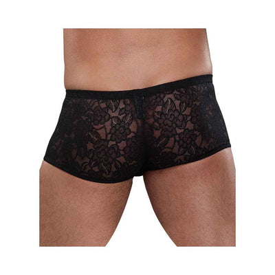Back view of black stretch lace mini shorts for men with floral pattern and low-rise waist.