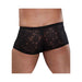 Back view of black stretch lace mini shorts for men with floral pattern and low-rise waist.