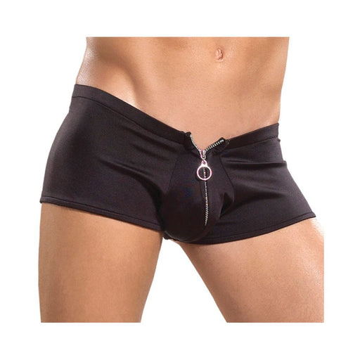 Close-up of black men's zipper shorts underwear with a snug fit and silver ring zipper detail at the front.