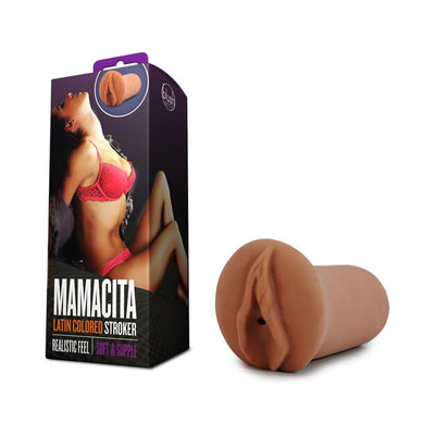 Mamacita Latin colored palm-sized stroker with soft, supple texture shown next to packaging featuring a woman in red lingerie.