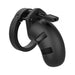 Black silicone male chastity cage with adjustable ring and secure locking mechanism.