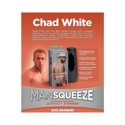 Man Squeeze Chad White Ultraskyn stroker with packaging showing product features and model image on orange background
