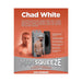 Man Squeeze Chad White Ultraskyn stroker with packaging showing product features and model image on orange background