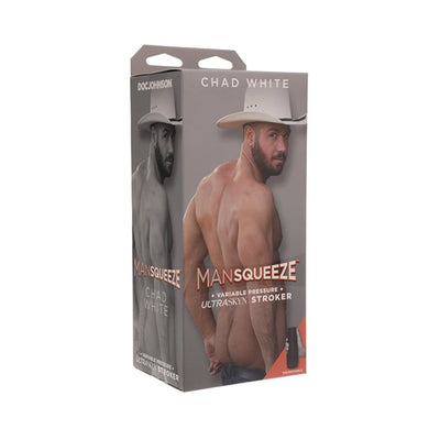 Packaging of Man Squeeze Chad White Ultraskyn stroker featuring a shirtless man in a cowboy hat with a vanilla color theme.