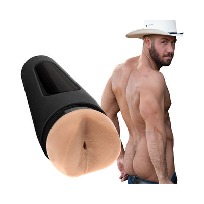 Vanilla-colored ULTRASKYN male stroker with realistic design next to a shirtless man wearing a white cowboy hat and jeans.