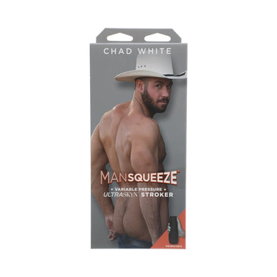 Packaging of Man Squeeze Chad White Ultraskyn stroker featuring a shirtless man in a cowboy hat with jeans lowered.