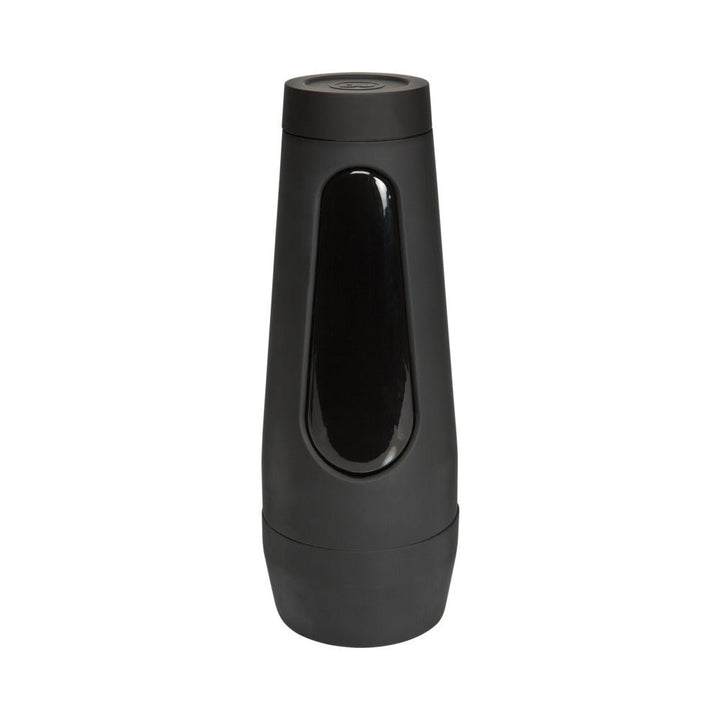 Black sleek cylindrical male pleasure device with a squeezable grip and discreet travel case design.