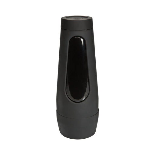 Black sleek cylindrical male pleasure device with a squeezable grip and discreet travel case design.