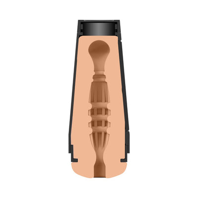 Cross-section view of Man Squeeze Stud Ass male masturbator showing textured interior and protective black outer case.