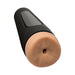 Black hard-case male masturbator with lifelike textured flesh-toned opening and adjustable suction grip.