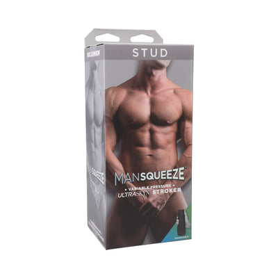 Packaging box for Man Squeeze Stud Ass male masturbator featuring a muscular male torso image and product details.