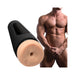 Man Squeeze Stud Ass male masturbator with black case and muscular shirtless male model background.