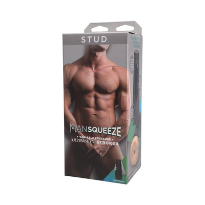 Packaging of Man Squeeze Stud Ass stroker featuring a muscular male torso and product details on a sleek box.