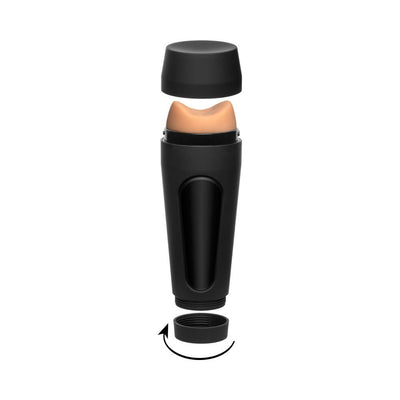 Black cylindrical male stroker with removable cap and beige Ultraskyn textured interior sleeve exposed.